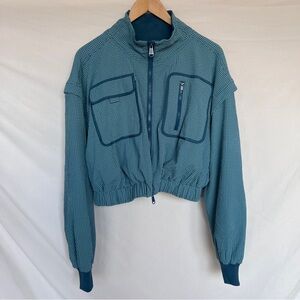 FP Movement Forty Love Jacket in blue searsucker gingham